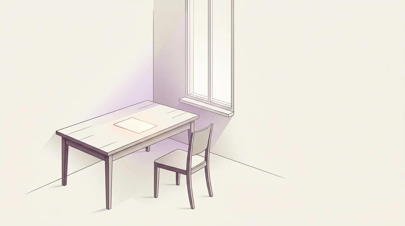 A quiet desk at first light with a single glowing sheet of paper