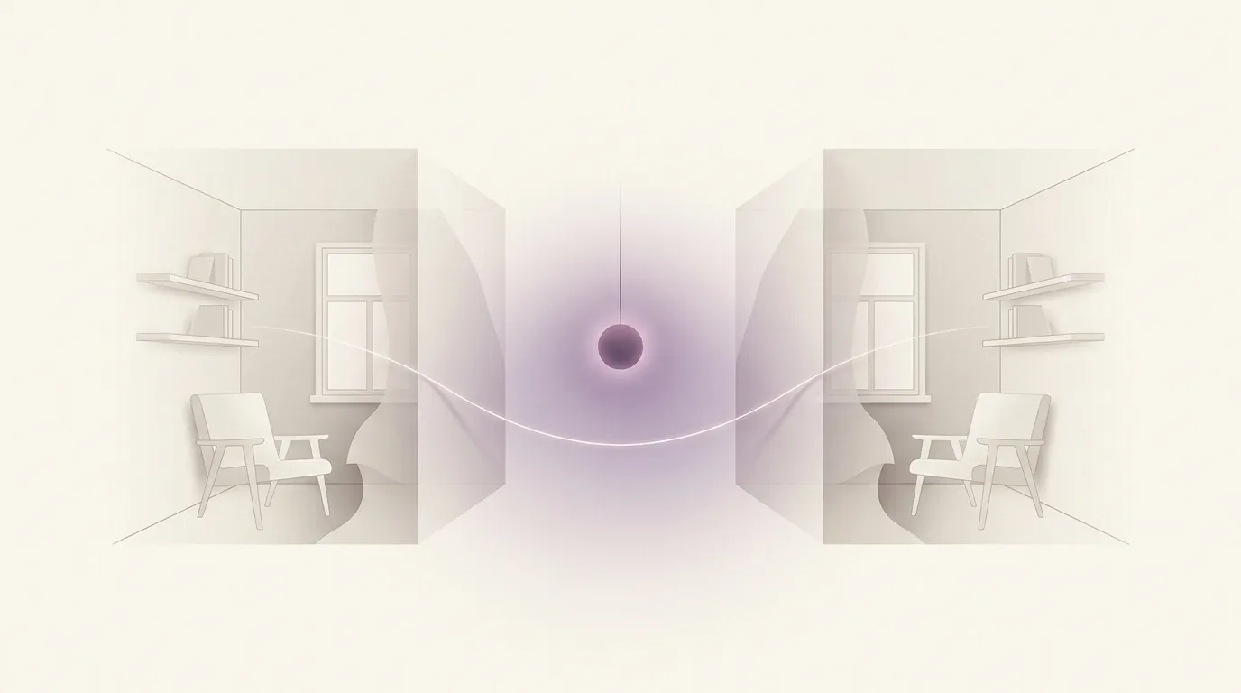 Two mirrored rooms merging into a single glowing core