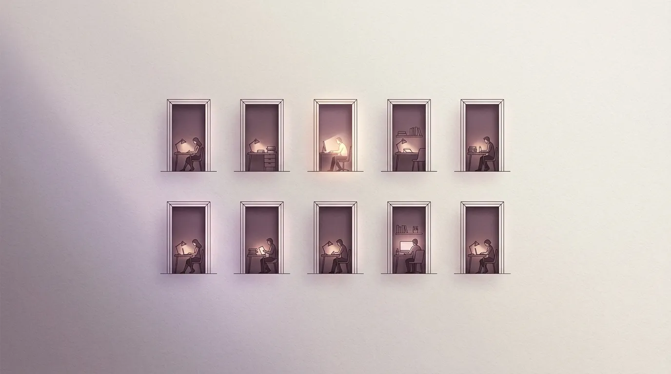 A grid of ten softly lit doorways, figures inside beginning to work