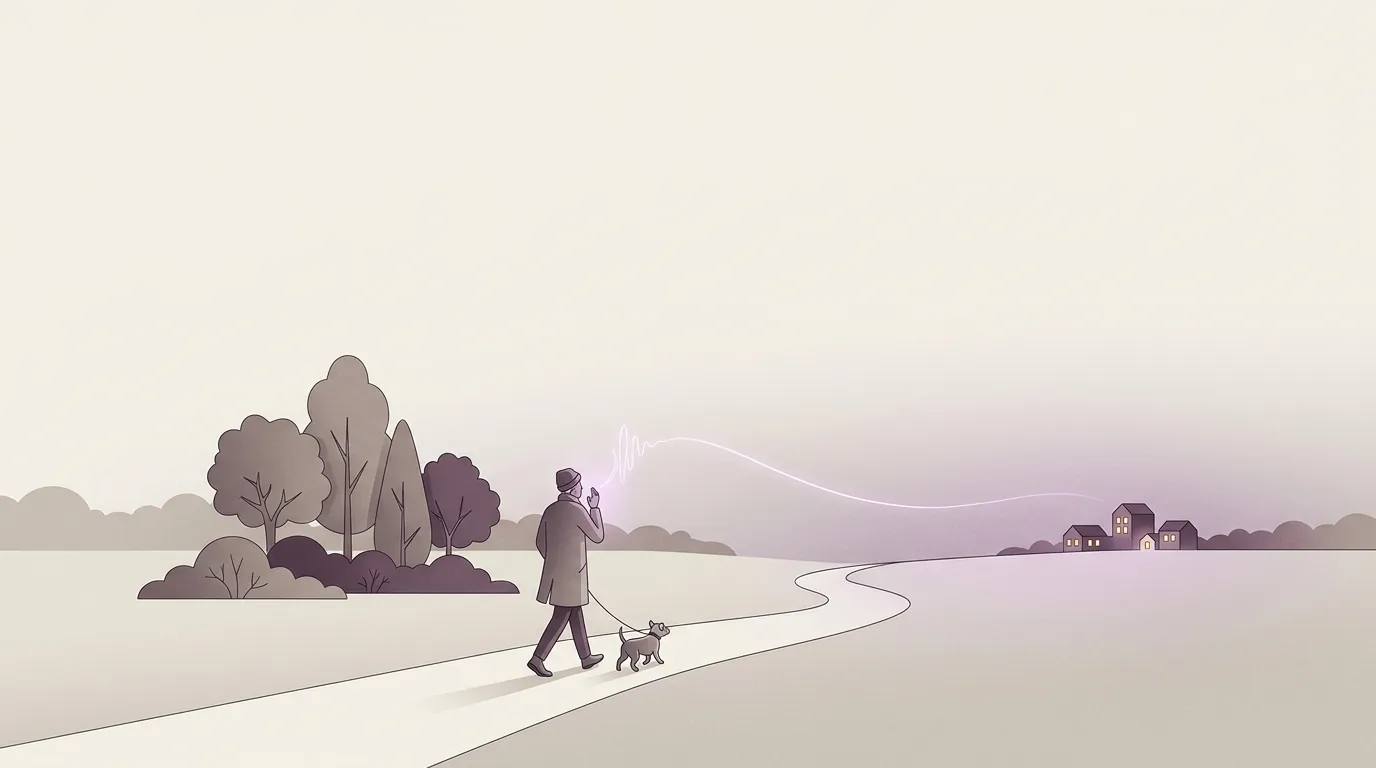 A person walking a dog, a glowing thread of speech traveling to distant lit windows