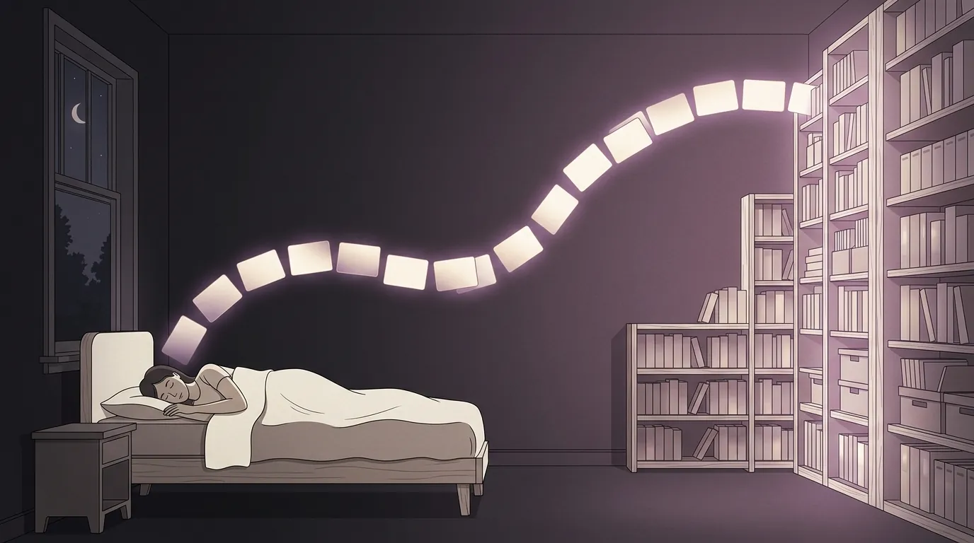 A sleeping figure as glowing cards file themselves into a lit archive