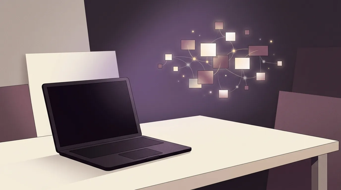A closed dark laptop while glowing panels keep working in the air above it