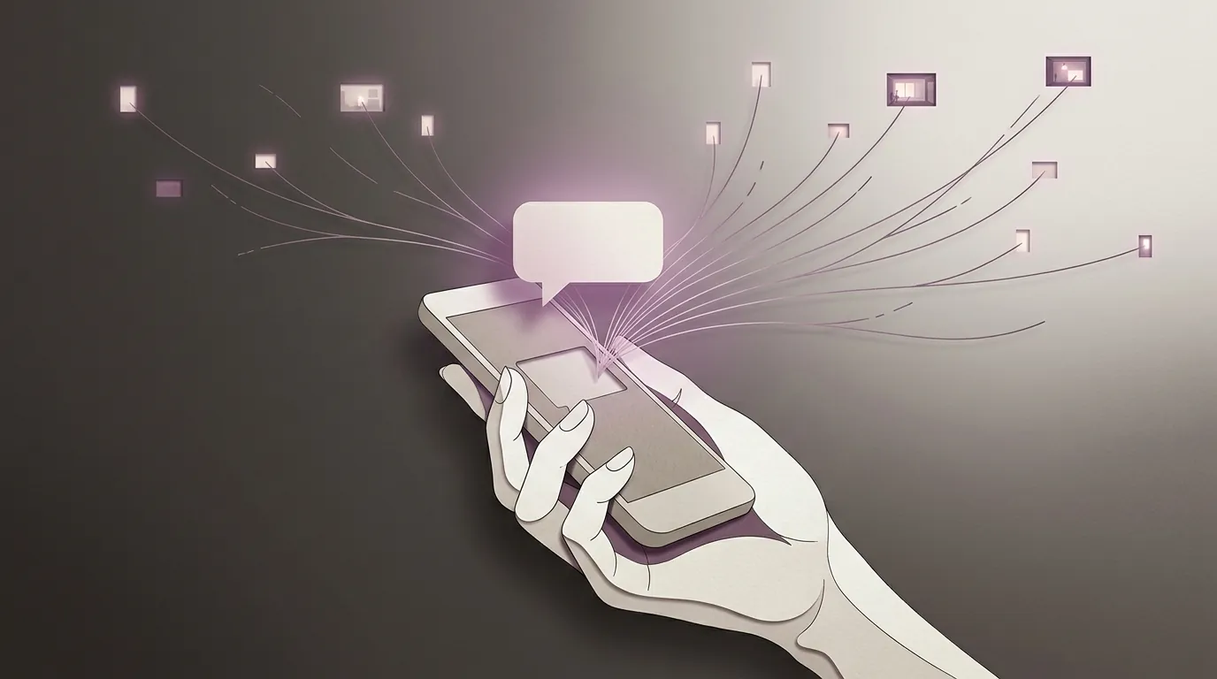 A hand holding a phone with glowing threads reaching out to many lit rooms