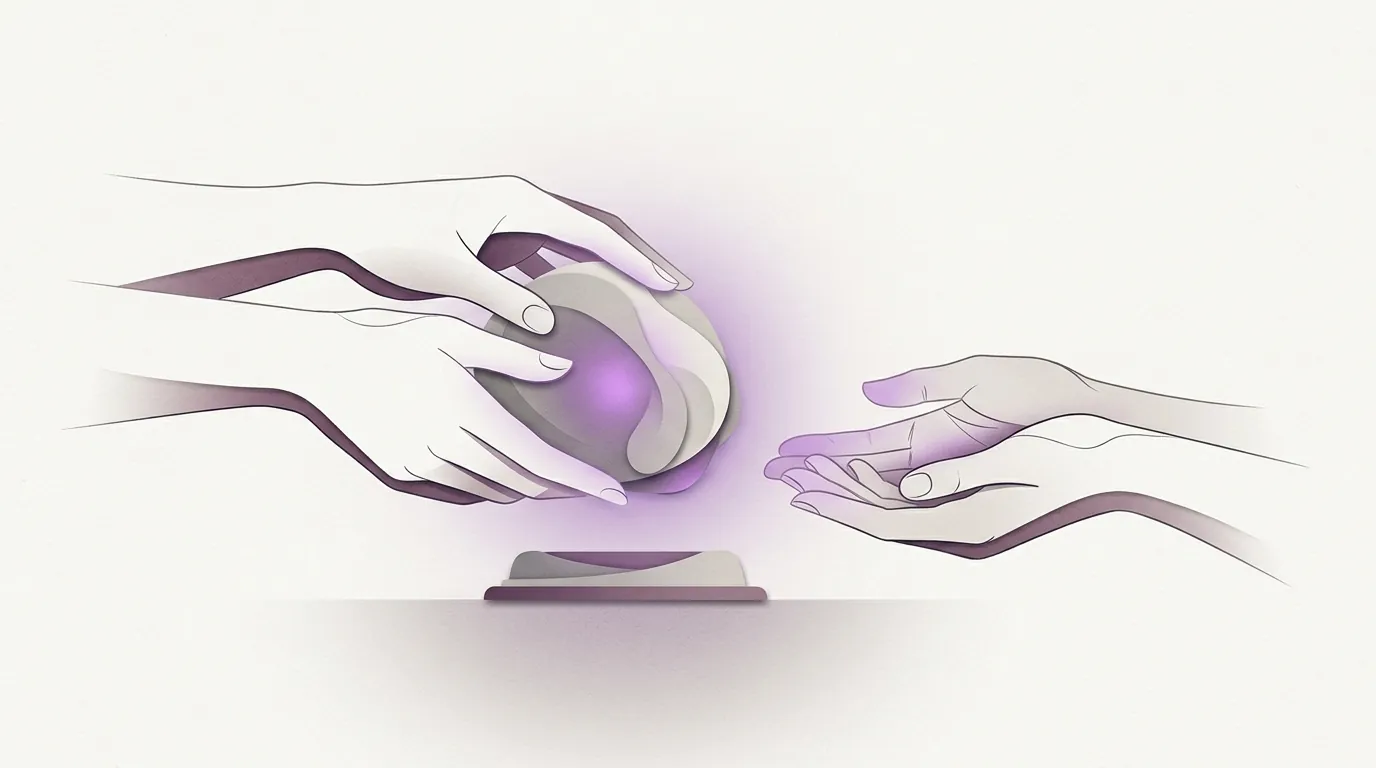 A glowing object being passed from one pair of hands to another