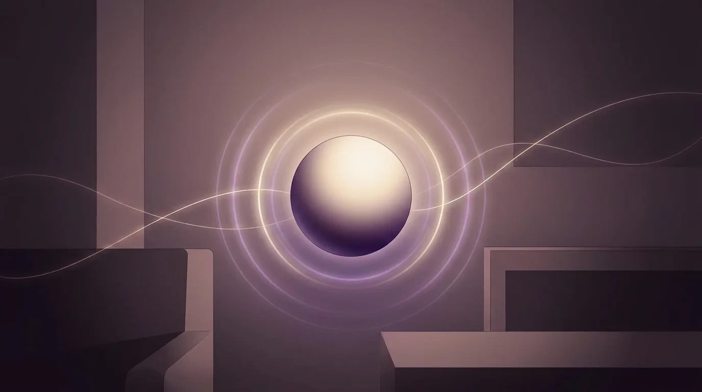 A glowing orb mid-conversation, waveforms rippling into a dim room