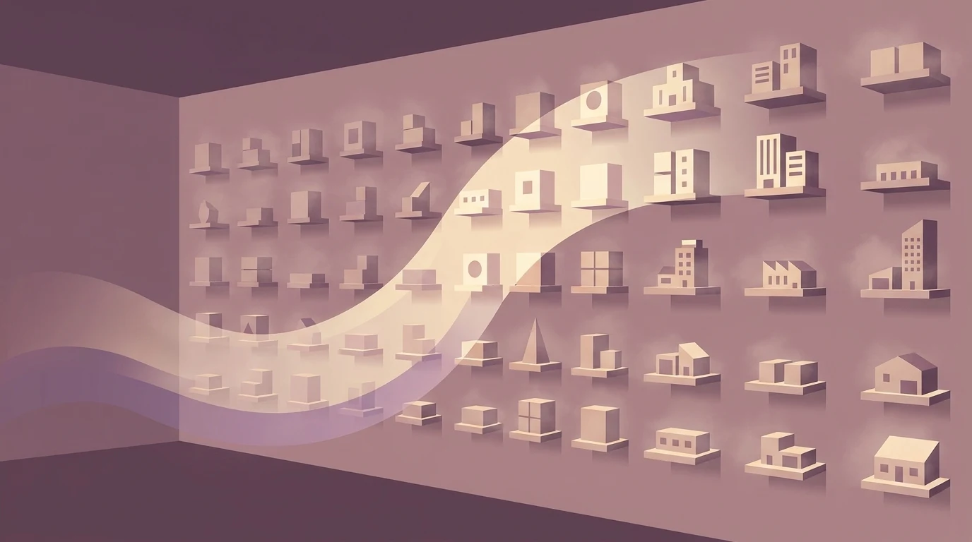 A hand sweeping dust from a shelf of small glowing models in an otherwise gleaming workshop