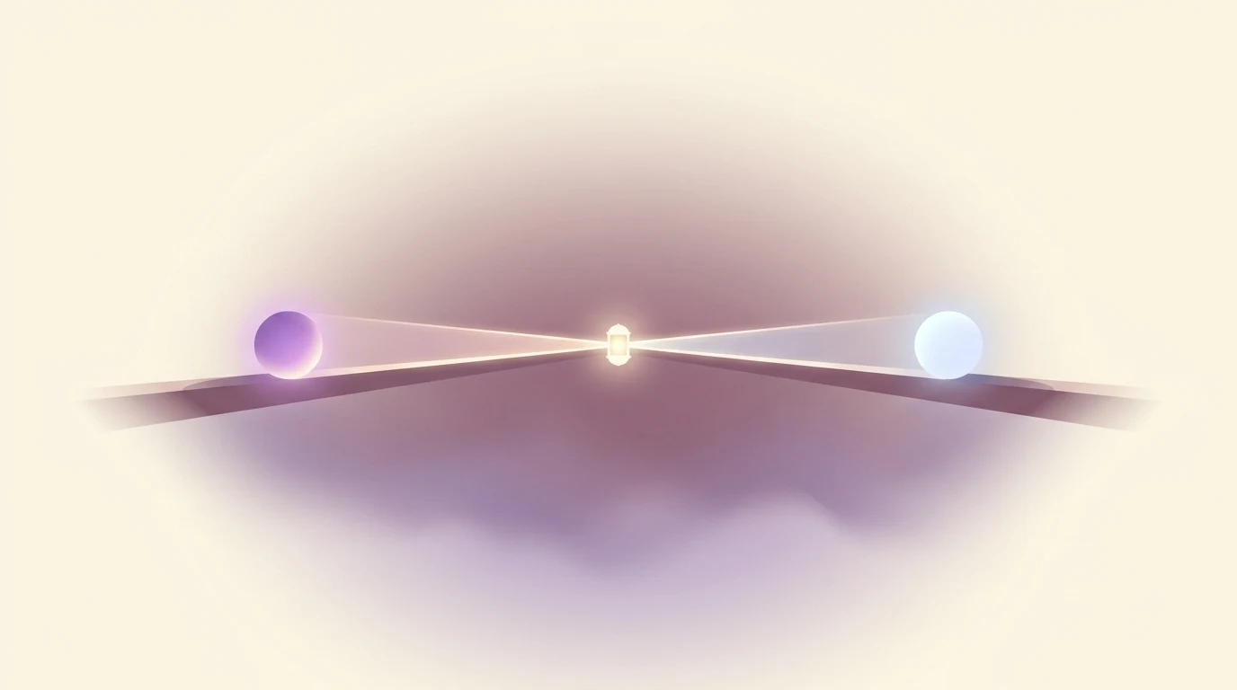 Two distinct lights approaching each other across a narrow bridge