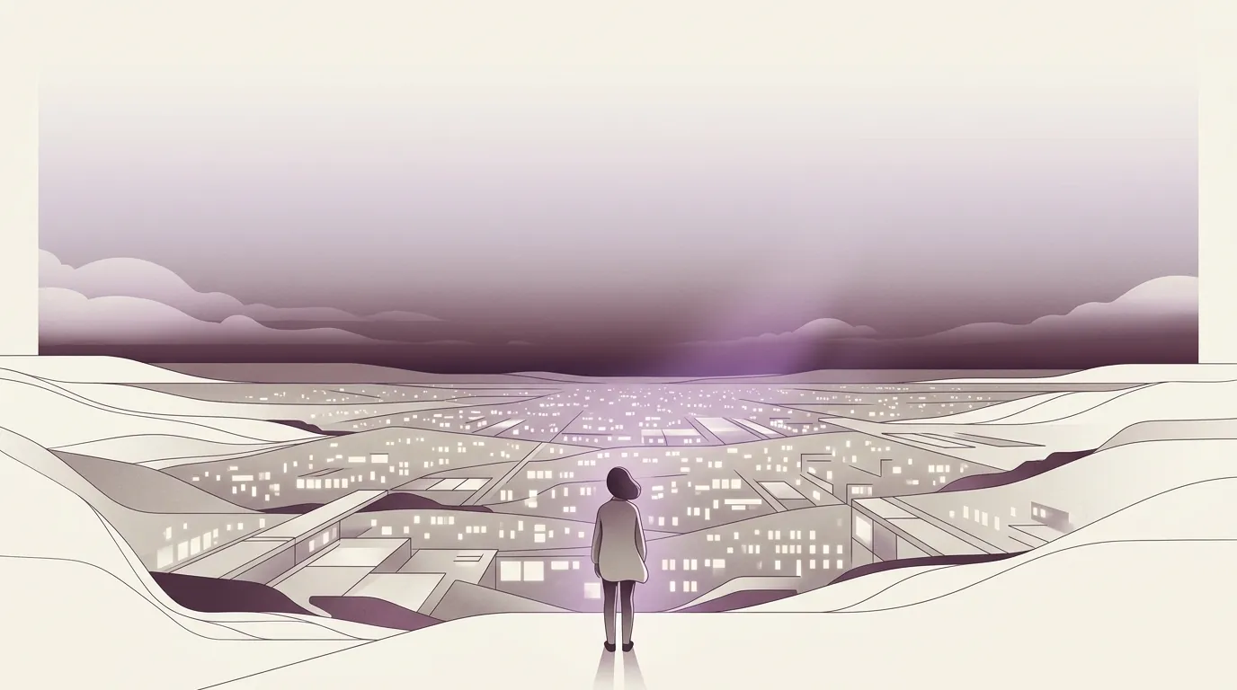 A small figure looking out over a vast glowing city of lit systems