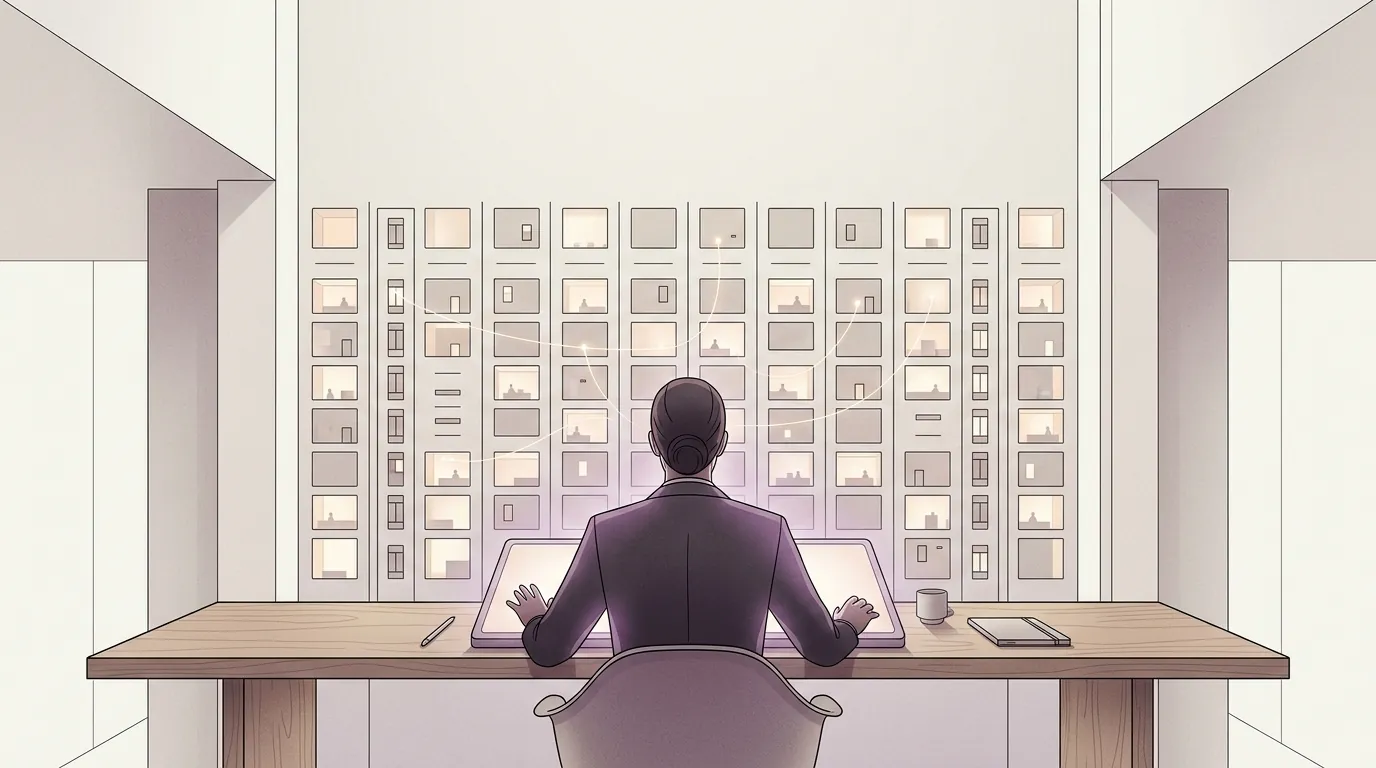 A lone figure at a glowing console facing a wall of softly lit rooms